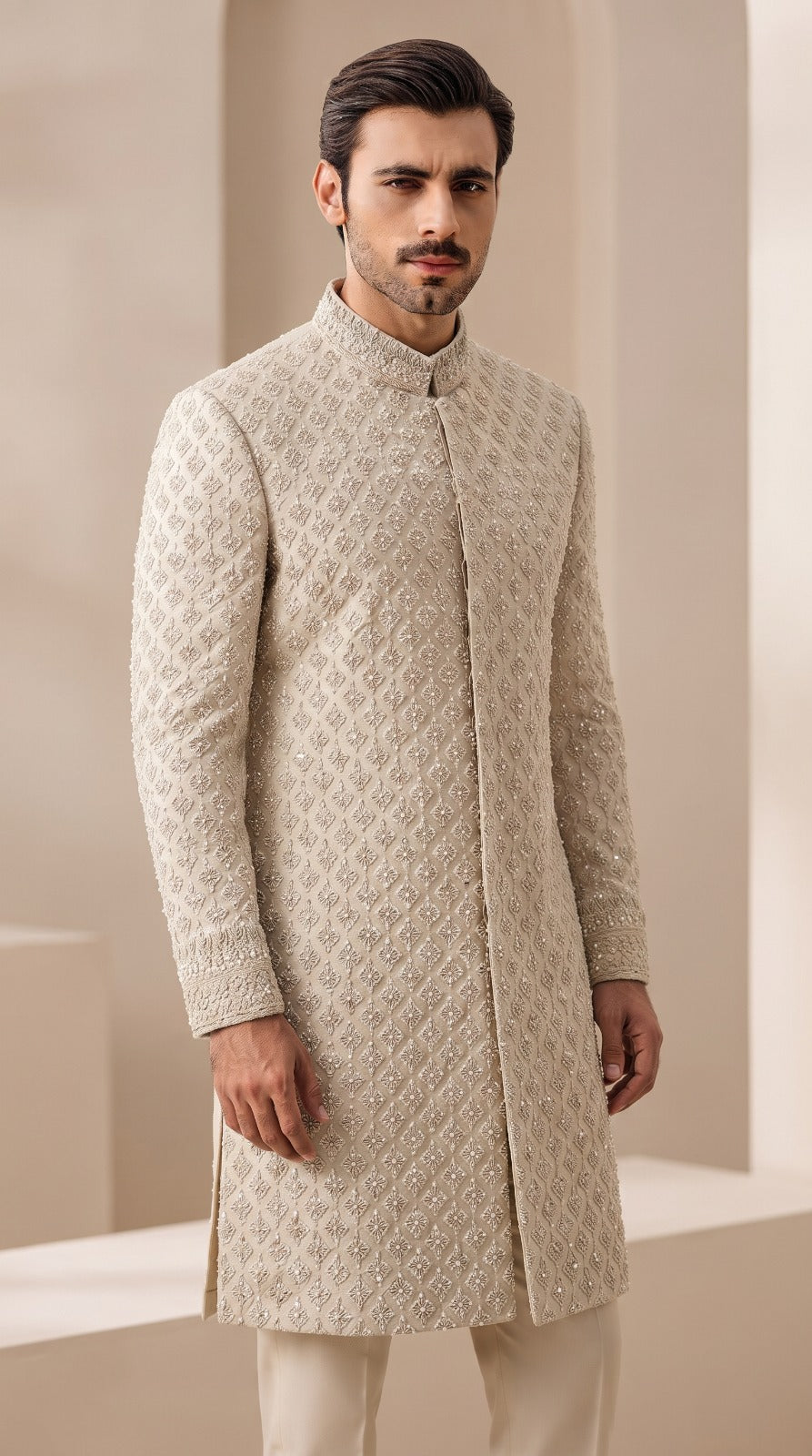 Ivory Quilted Embroidered Sherwani