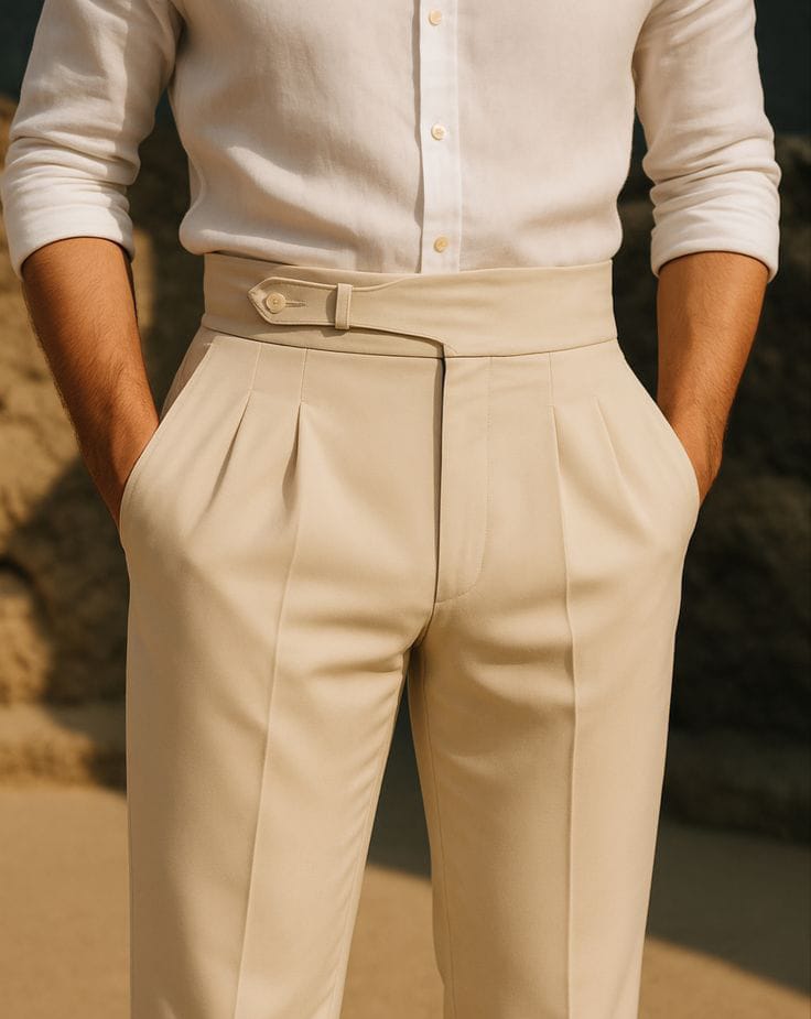 Beige Pleated Formal Trouser with Side-Tab Waist