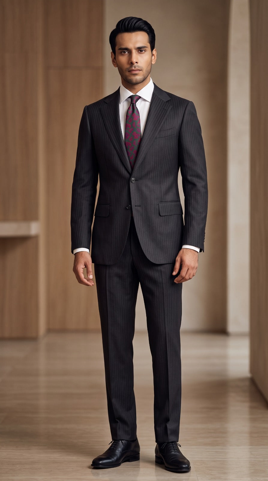 Charcoal Herringbone Suit (Magenta Paisley Tie)
