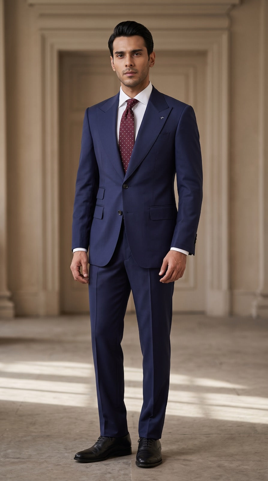 Navy Peak-Lapel Suit (Polka Dot Tie)