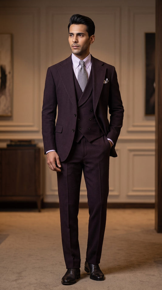 Plum Textured Peak-Lapel Three-Piece Suit