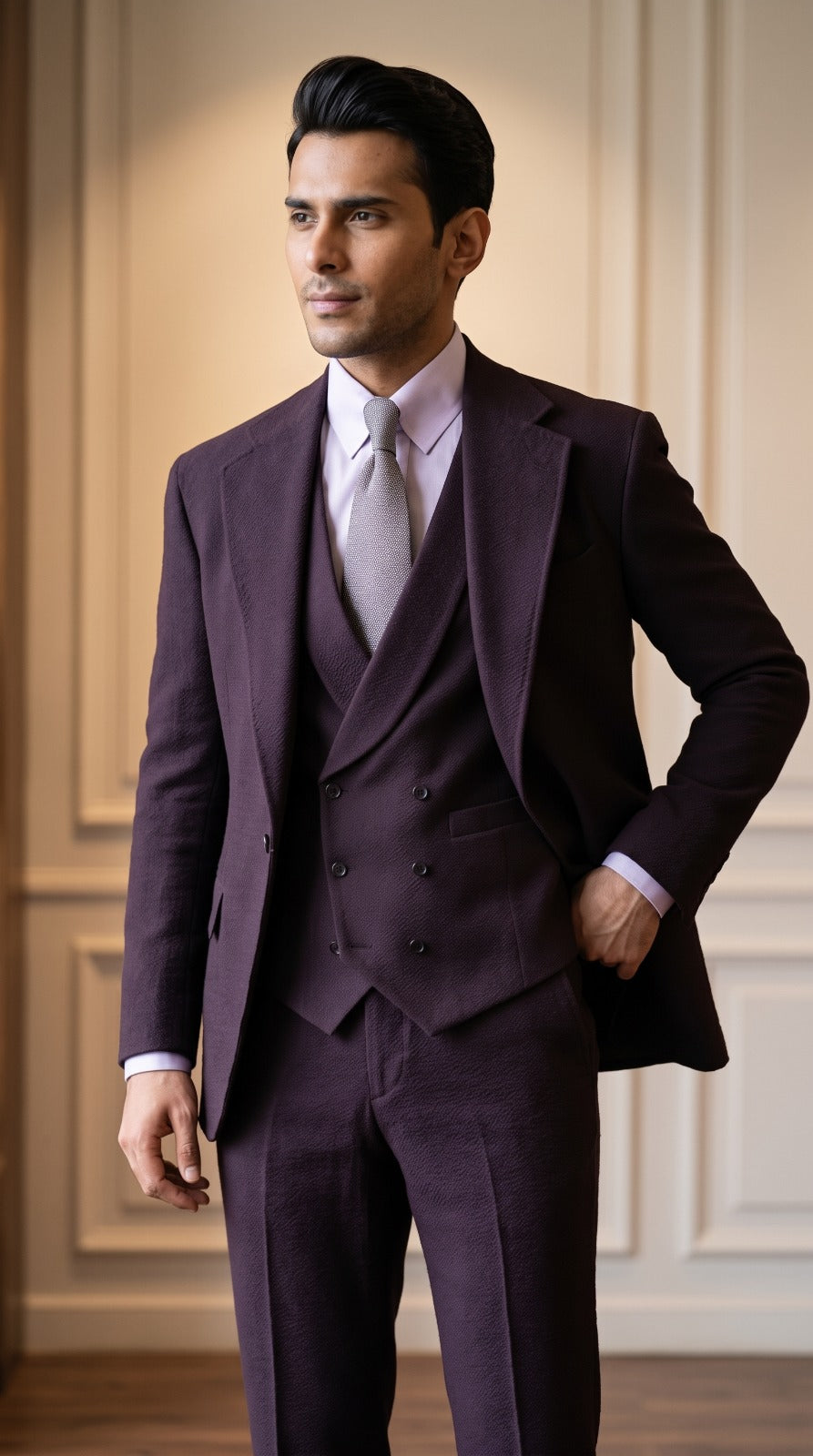 Plum Textured Peak-Lapel Three-Piece Suit