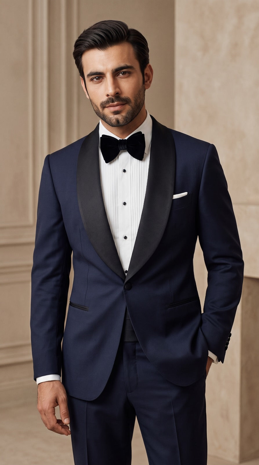 Navy Shawl-Lapel Velvet-Bow Tuxedo