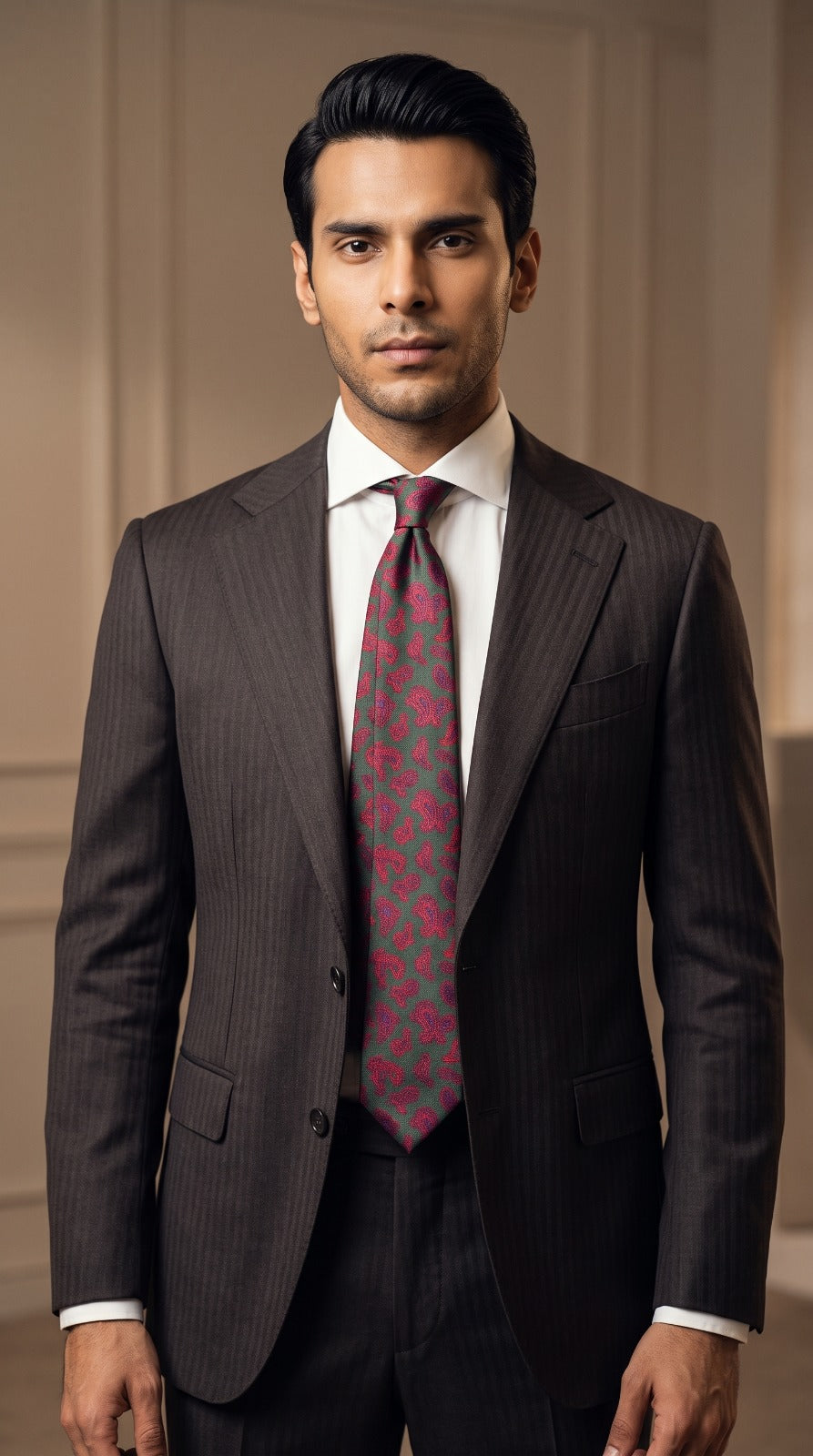Charcoal Herringbone Suit (Magenta Paisley Tie)