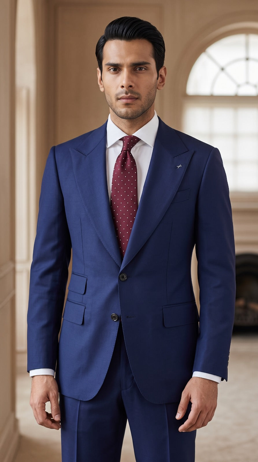 Navy Peak-Lapel Suit (Polka Dot Tie)