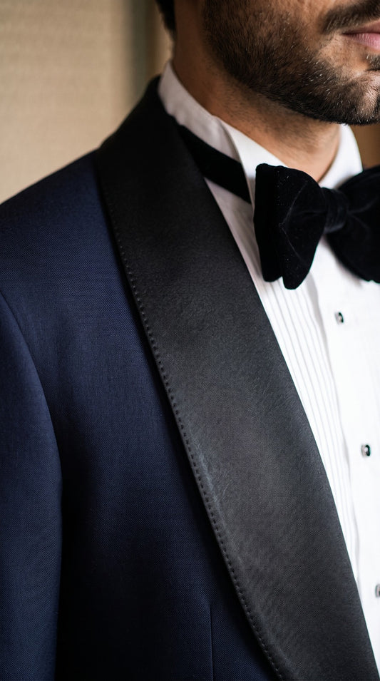 Navy Shawl-Lapel Velvet-Bow Tuxedo