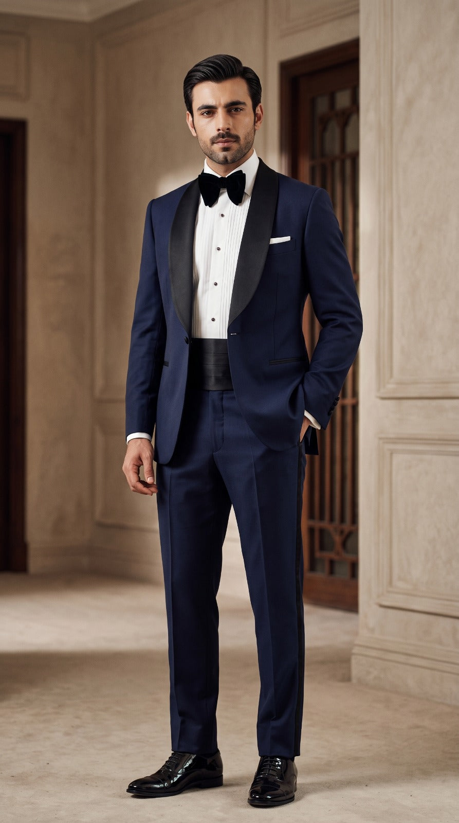 Navy Shawl-Lapel Velvet-Bow Tuxedo