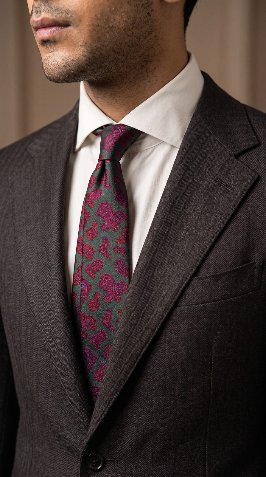 Charcoal Herringbone Suit (Magenta Paisley Tie)