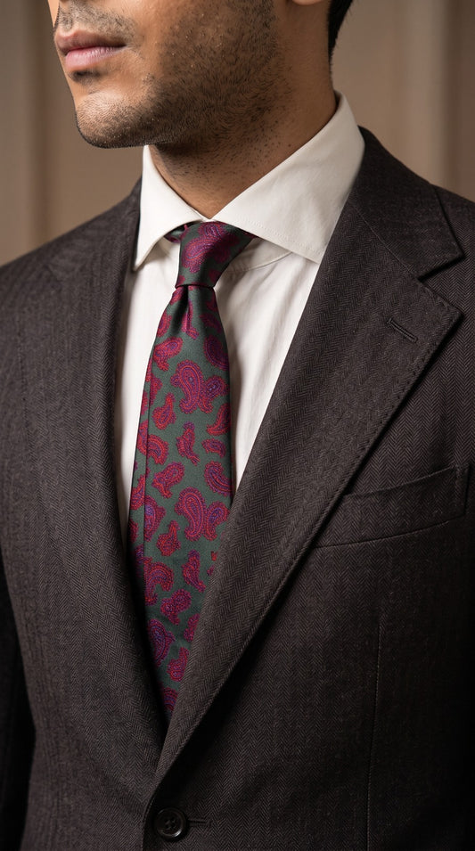 Charcoal Herringbone Suit (Magenta Paisley Tie)