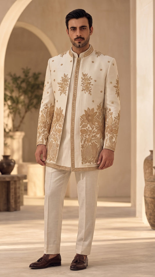 The Ivory Heritage Prince Coat in ivory with gold zardozi embroidery, front view