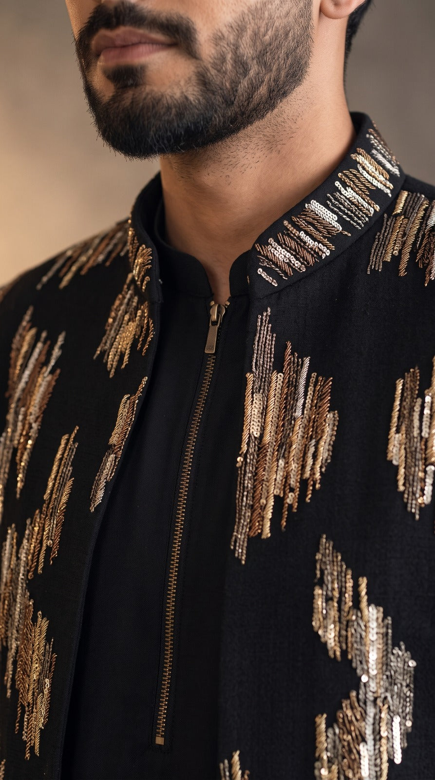 The Midnight Sequin Prince Coat in black with gold and silver sequin work, collar detail