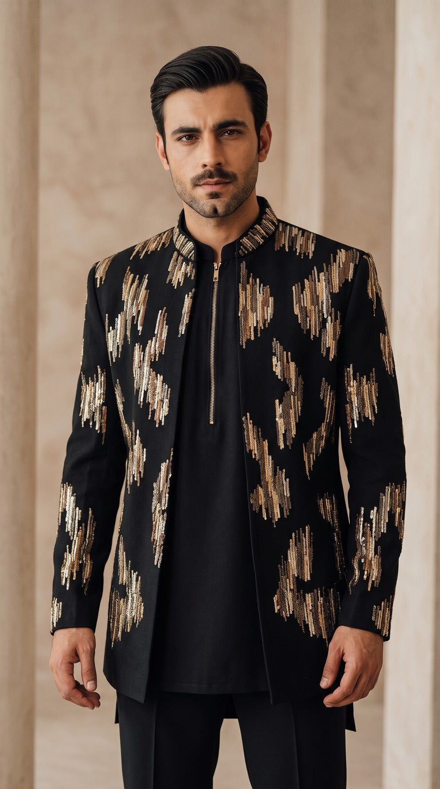 Midnight Sequin Prince Coat front view