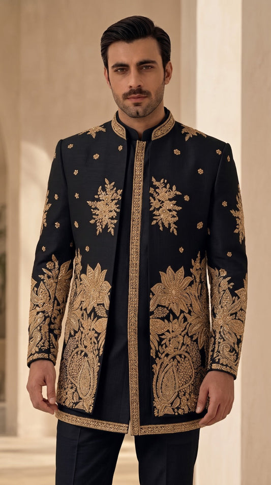The Noir Zardozi Prince Coat in black with gold zardozi embroidery, front view